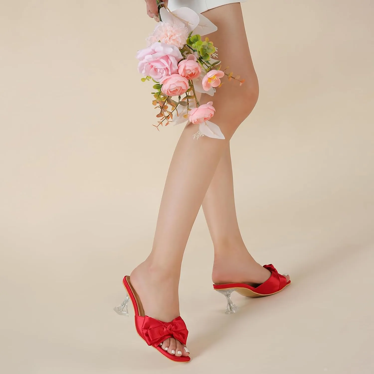 Women's Bowknot Heeled Sandals Square Toe Satin Bow Heels Mules Slipper Slip on Wedding Bridal Dress Shoes