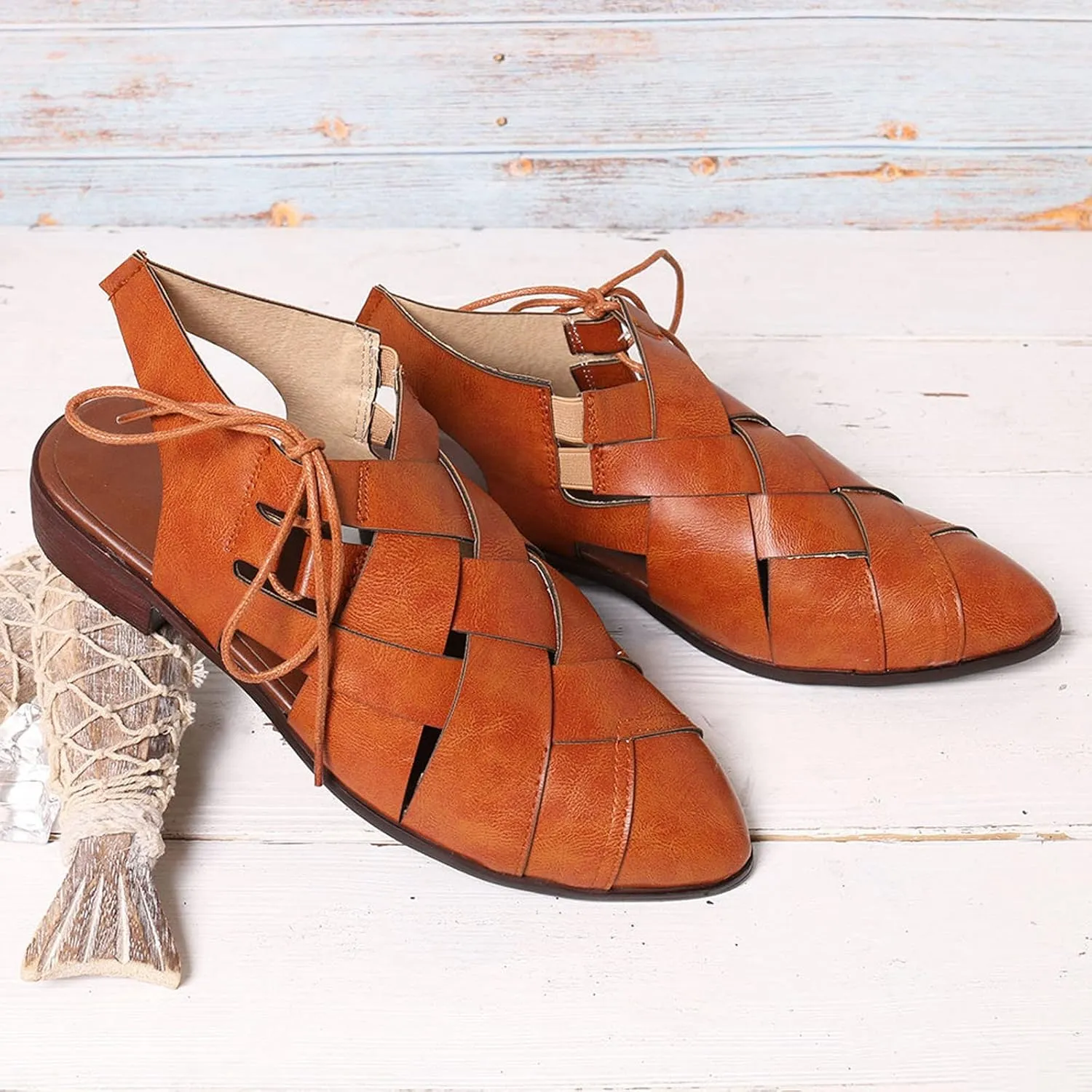 Womens Casual Hollow Slides Sandals Vintage Cross Straps Lace up Leather Woven Back Low Heel Roman Sandals Summer Comfy Casual Slingback Shoes