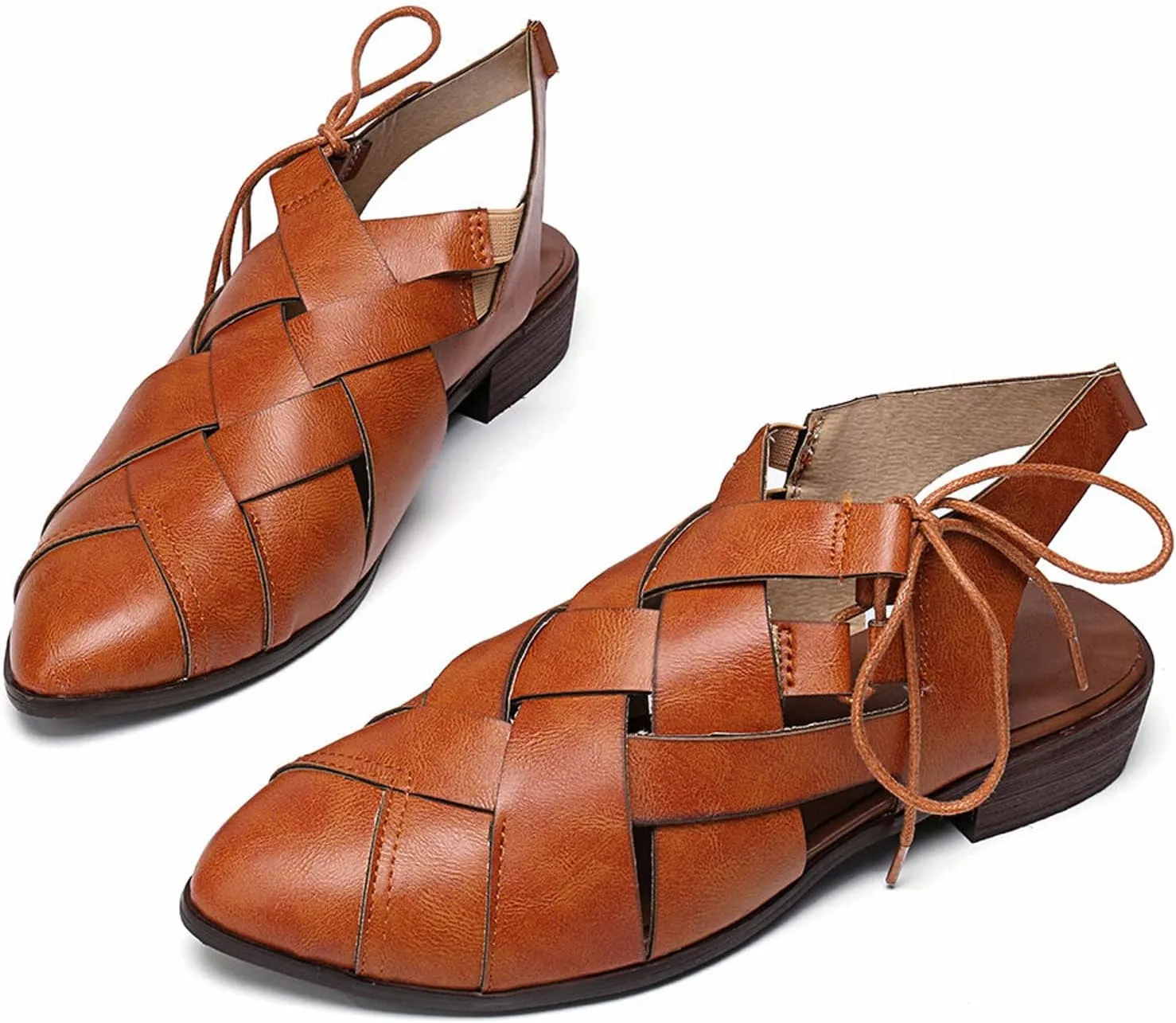Womens Casual Hollow Slides Sandals Vintage Cross Straps Lace up Leather Woven Back Low Heel Roman Sandals Summer Comfy Casual Slingback Shoes