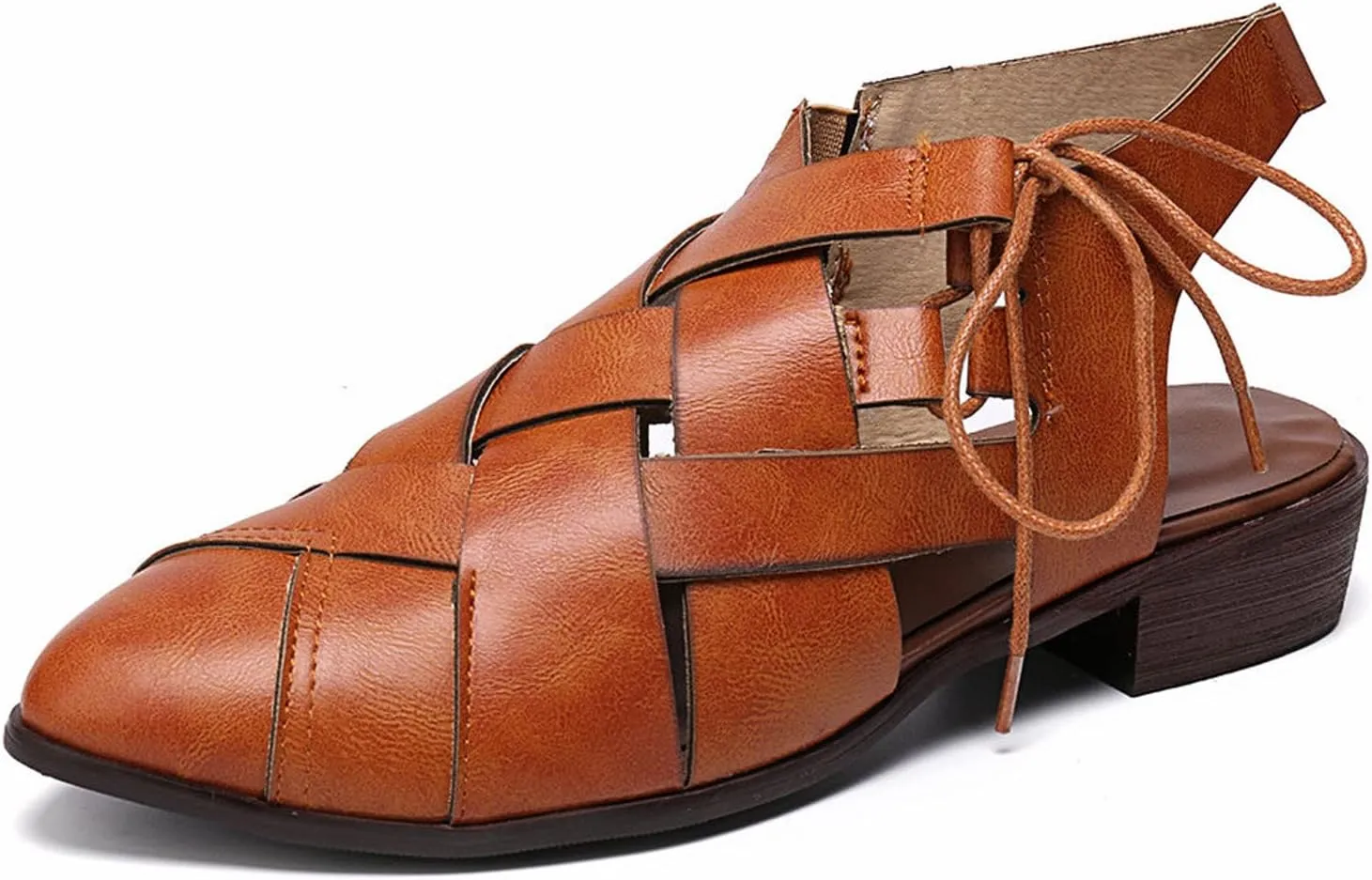 Womens Casual Hollow Slides Sandals Vintage Cross Straps Lace up Leather Woven Back Low Heel Roman Sandals Summer Comfy Casual Slingback Shoes