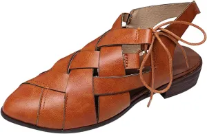 Womens Casual Hollow Slides Sandals Vintage Cross Straps Lace up Leather Woven Back Low Heel Roman Sandals Summer Comfy Casual Slingback Shoes
