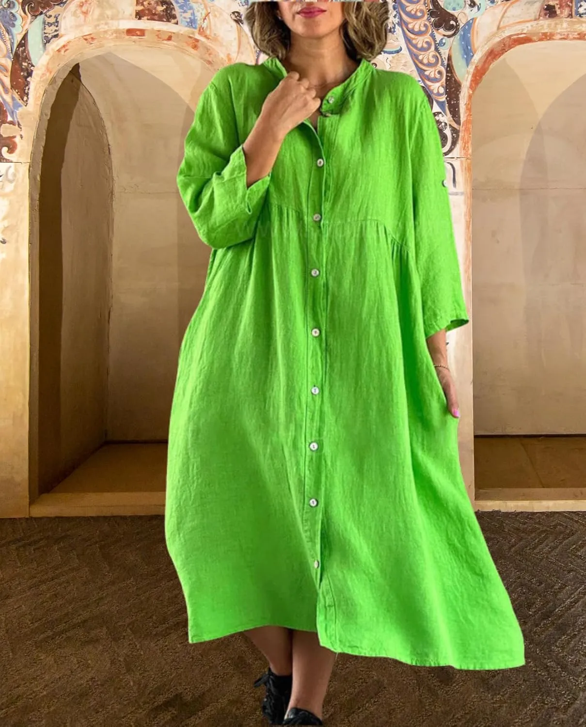 Women's Casual Shirt Dress Cotton Blend 3/4 Sleeve Midi Dresses with Pockets Loose Fit for Beach Vacation