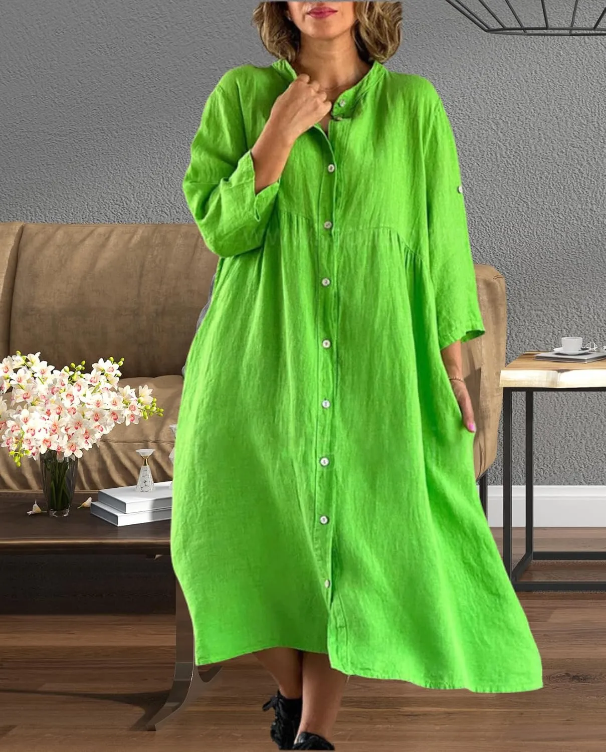 Women's Casual Shirt Dress Cotton Blend 3/4 Sleeve Midi Dresses with Pockets Loose Fit for Beach Vacation