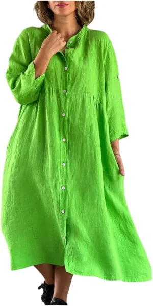 Women's Casual Shirt Dress Cotton Blend 3/4 Sleeve Midi Dresses with Pockets Loose Fit for Beach Vacation