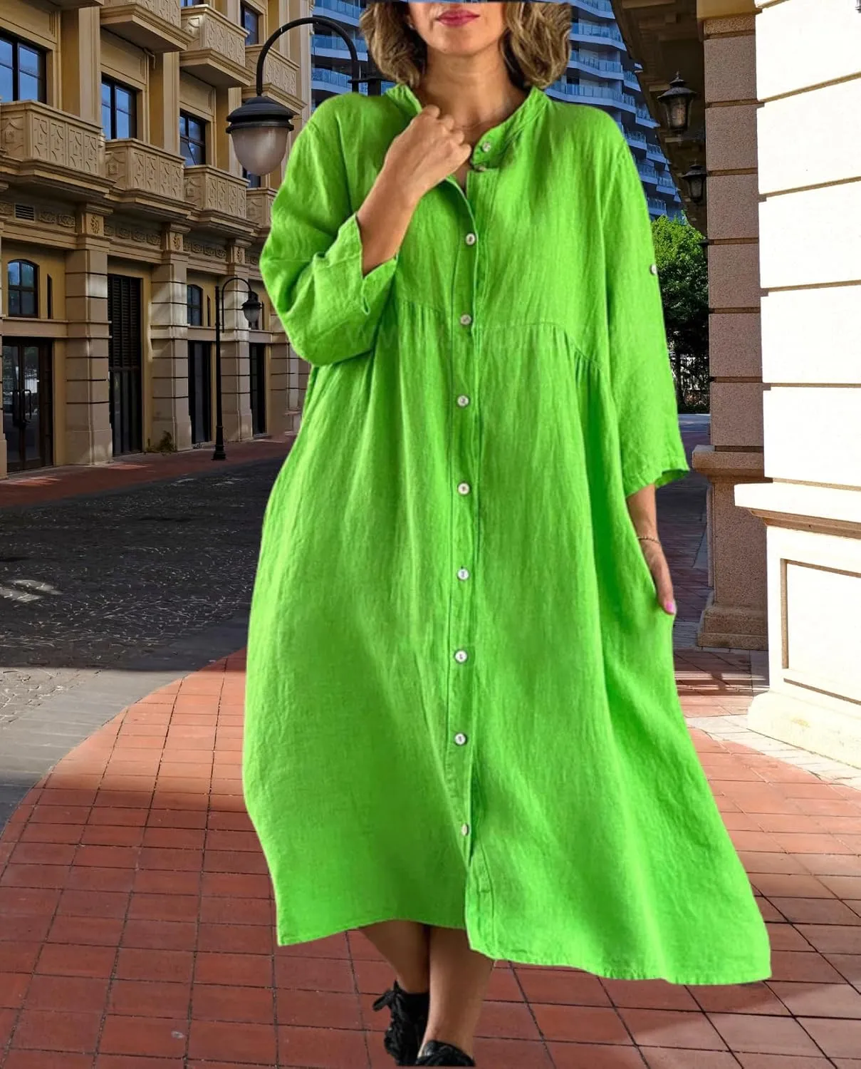 Women's Casual Shirt Dress Cotton Blend 3/4 Sleeve Midi Dresses with Pockets Loose Fit for Beach Vacation