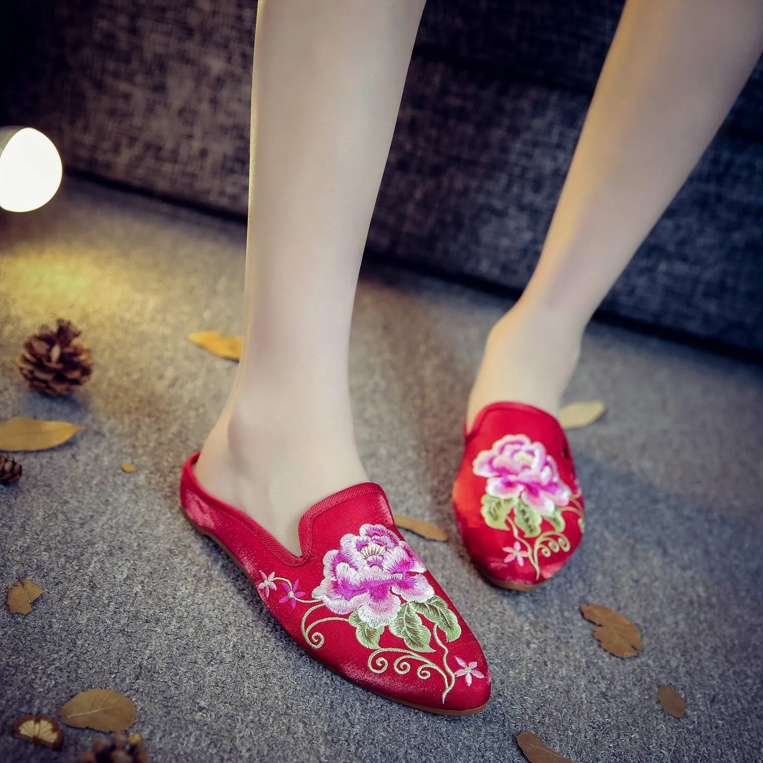Women's Chinese Floral Peony Embroidered Flower Pointed-Toe Comfortable Satin Casual Mules Loafers Slippers Shoes