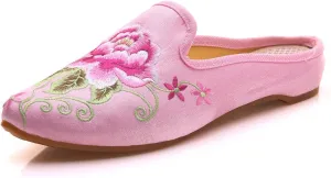 Women's Chinese Floral Peony Embroidered Flower Pointed-Toe Comfortable Satin Casual Mules Loafers Slippers Shoes