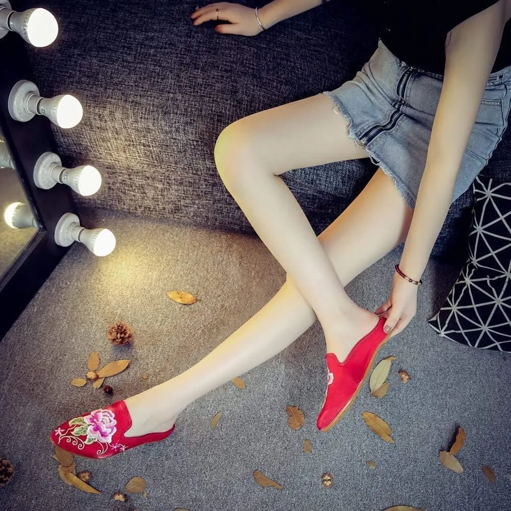 Women's Chinese Floral Peony Embroidered Flower Pointed-Toe Comfortable Satin Casual Mules Loafers Slippers Shoes