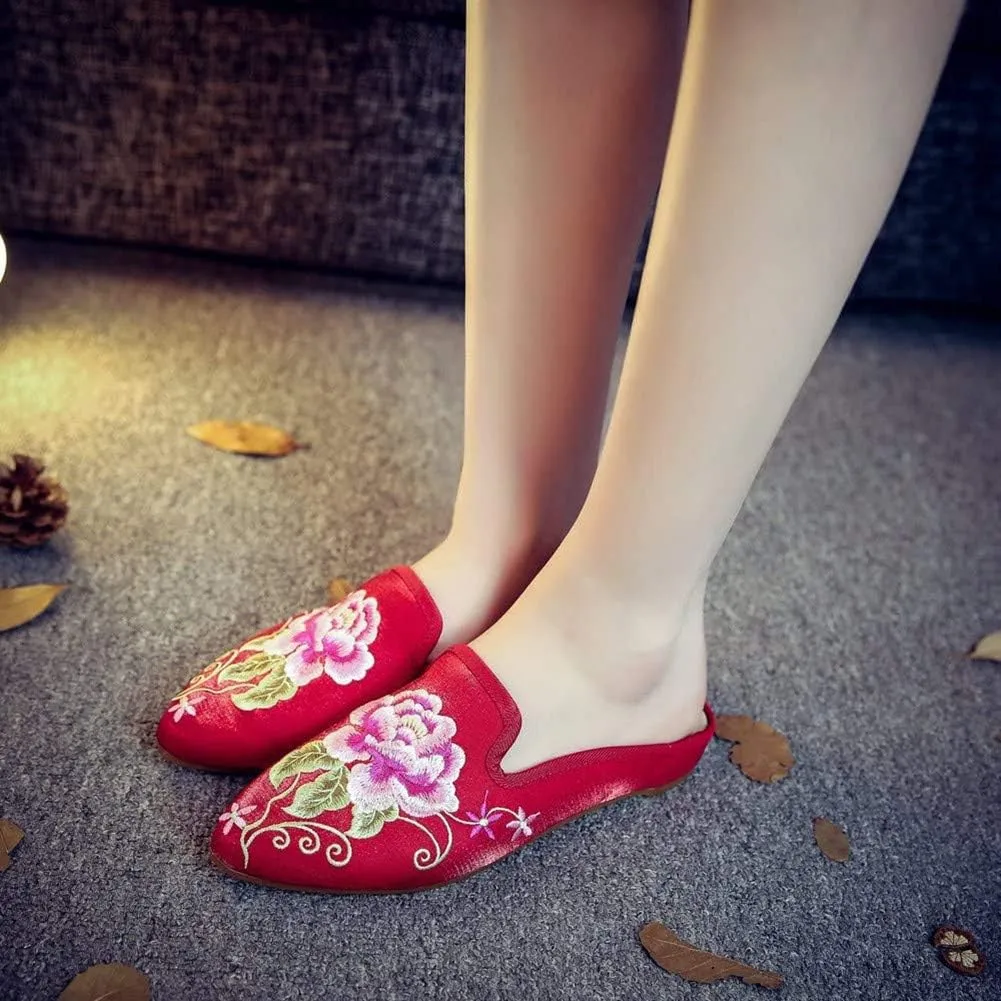 Women's Chinese Floral Peony Embroidered Flower Pointed-Toe Comfortable Satin Casual Mules Loafers Slippers Shoes