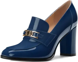 Womens Chunky Block Heels for Women Square Toe Patent Pumps, Slip on Loafers Office Party Prom Shoes 3 inch