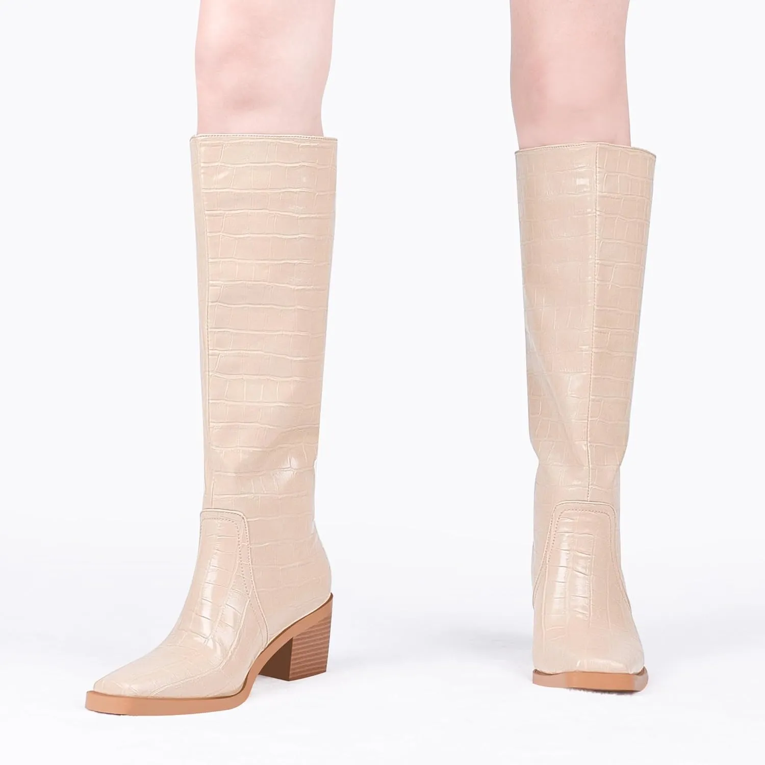 Women's Chunky Heel Square Toe Knee High Boots Slip On Patent Leather Crocodile Boots