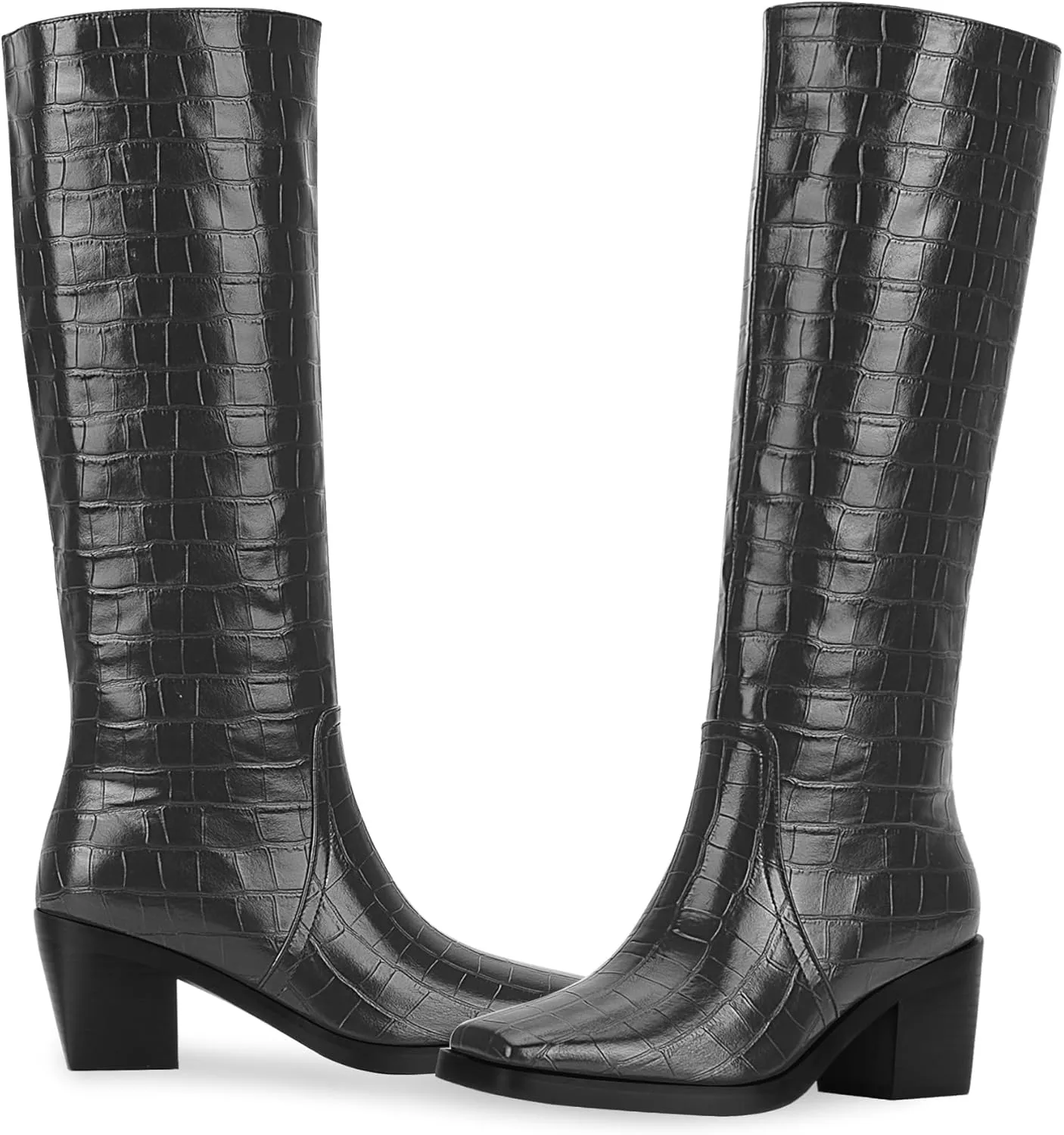 Women's Chunky Heel Square Toe Knee High Boots Slip On Patent Leather Crocodile Boots