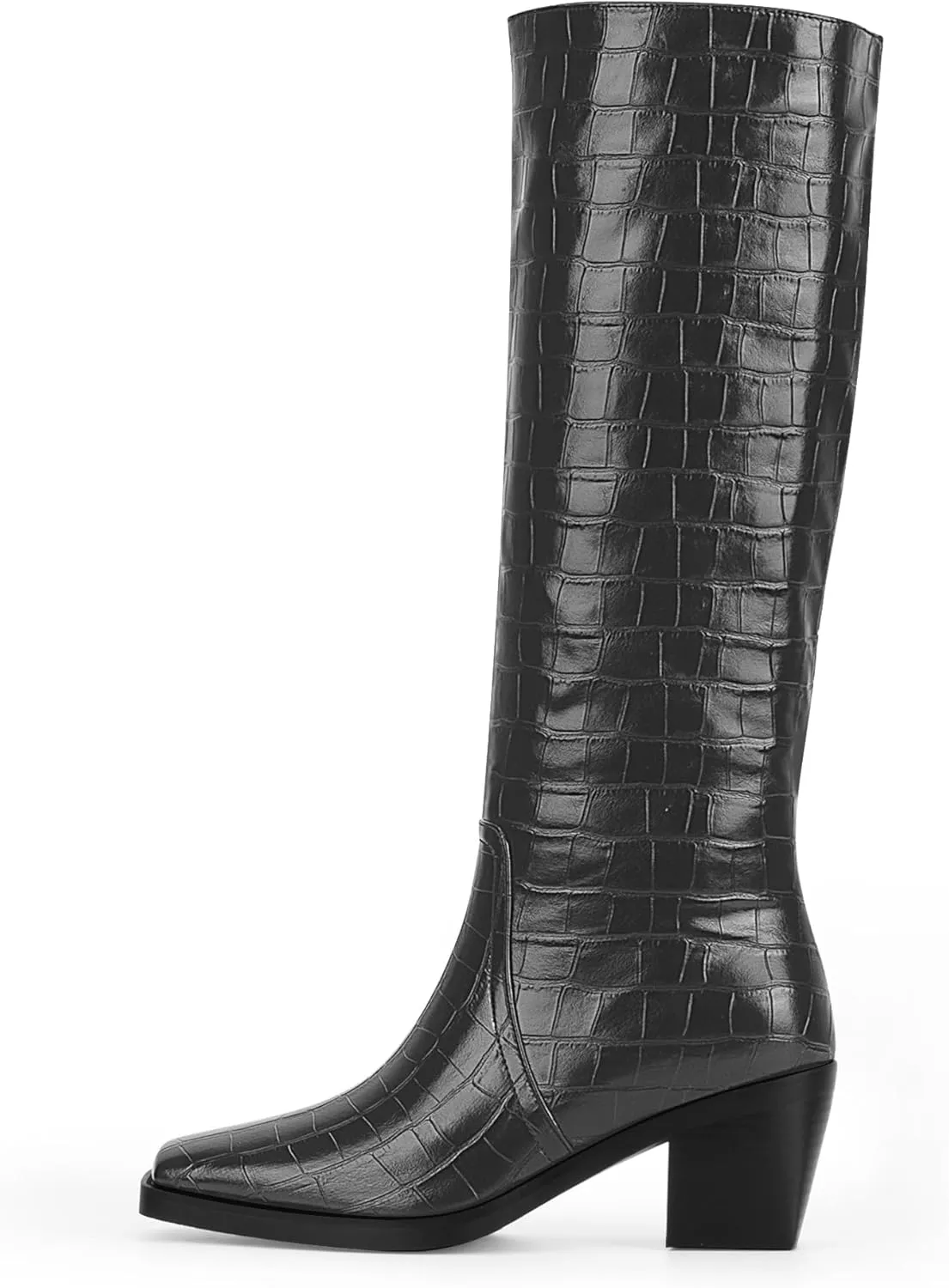 Women's Chunky Heel Square Toe Knee High Boots Slip On Patent Leather Crocodile Boots