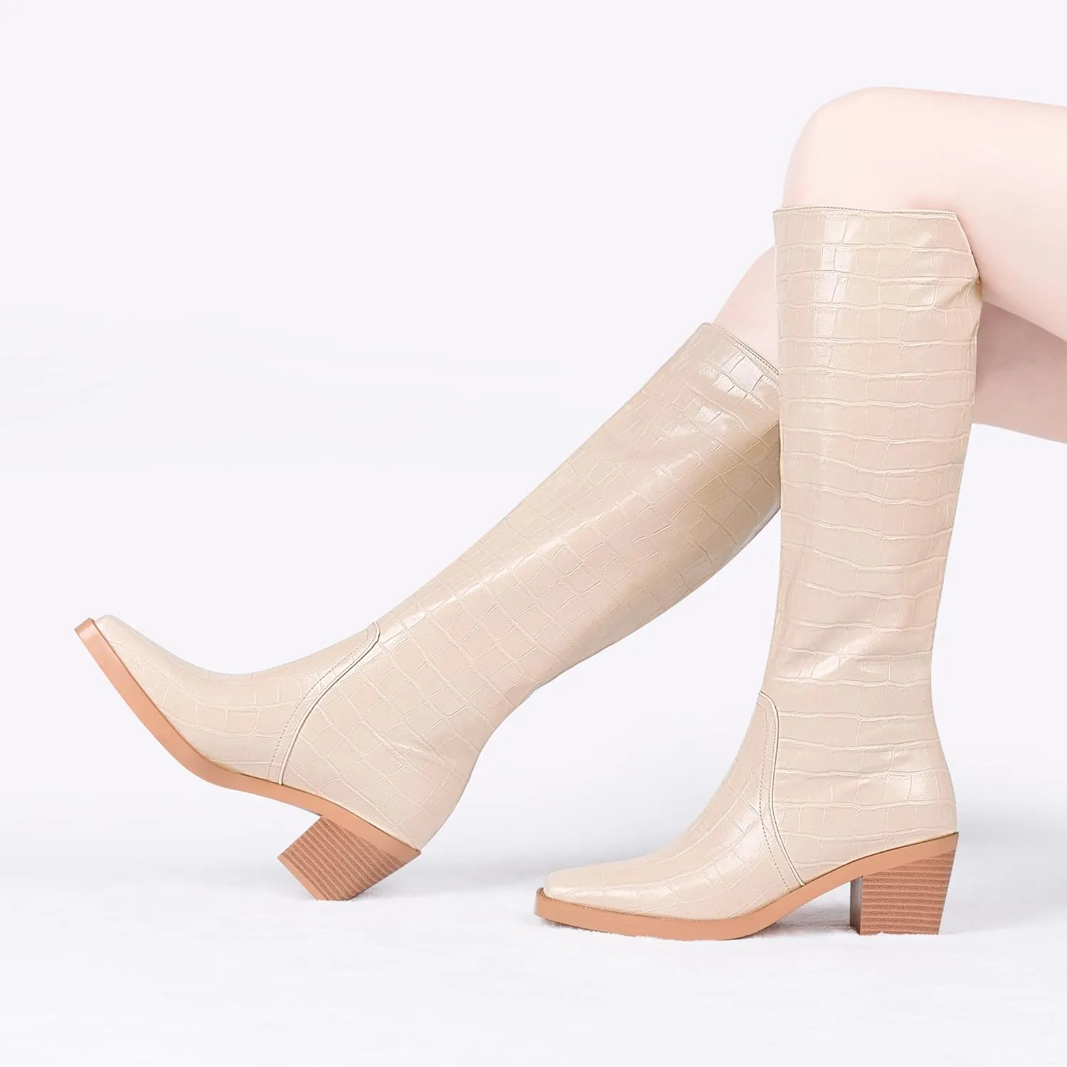 Women's Chunky Heel Square Toe Knee High Boots Slip On Patent Leather Crocodile Boots