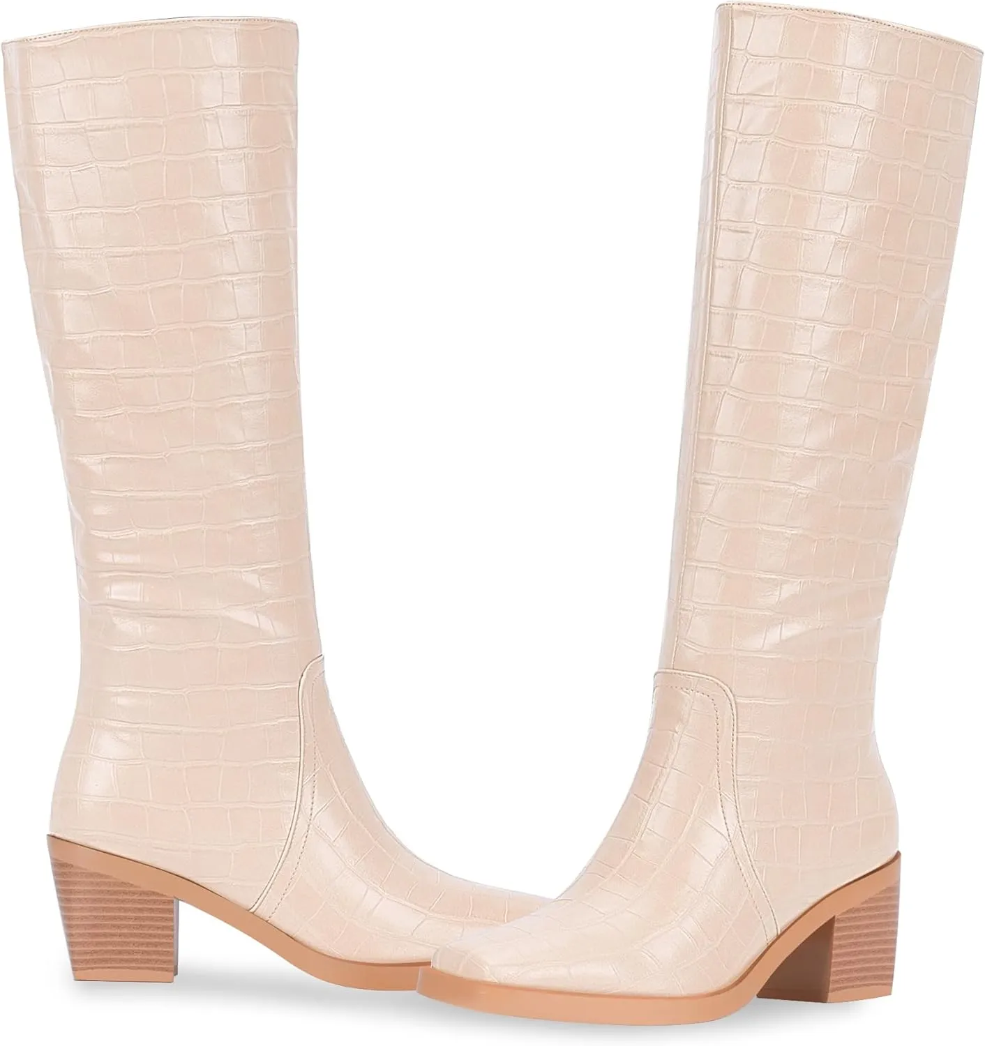 Women's Chunky Heel Square Toe Knee High Boots Slip On Patent Leather Crocodile Boots