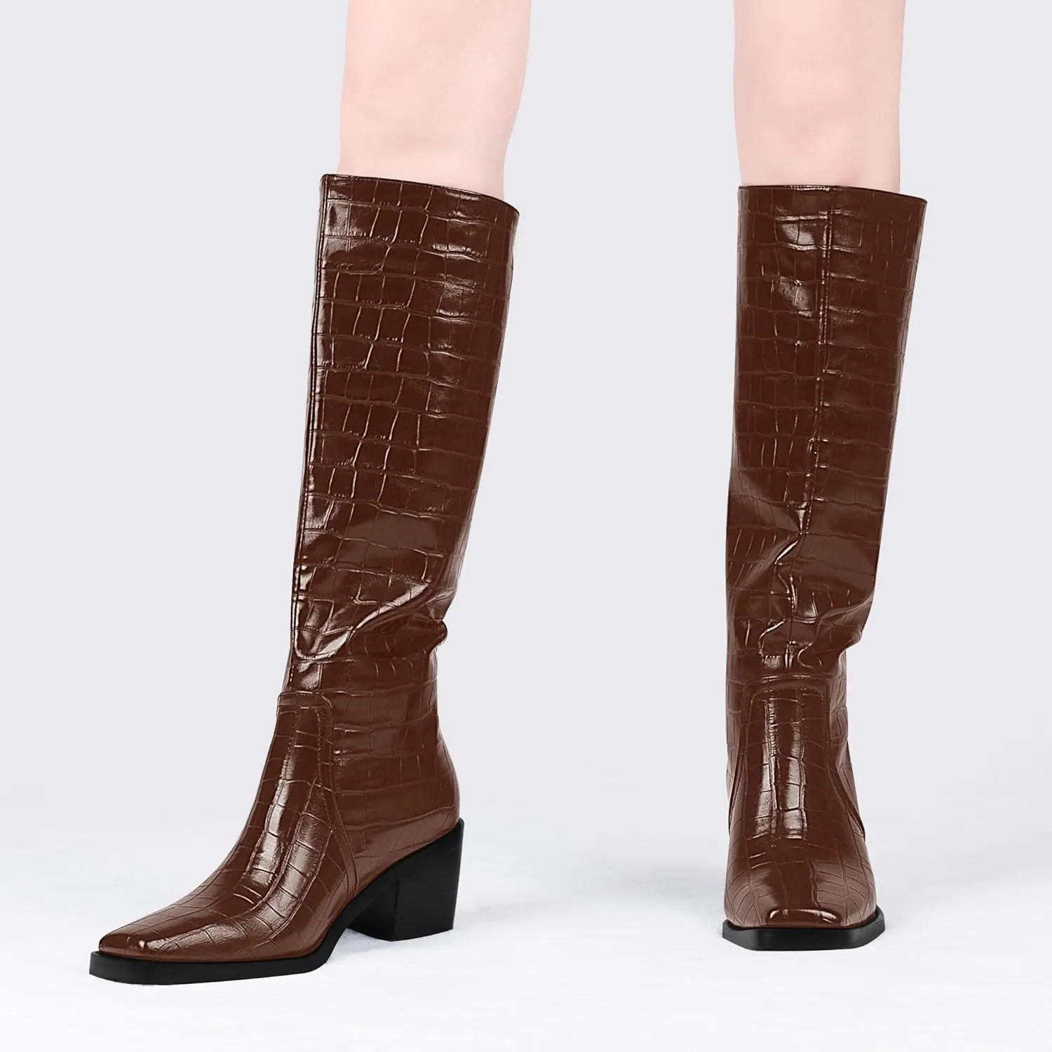 Women's Chunky Heel Square Toe Knee High Boots Slip On Patent Leather Crocodile Boots