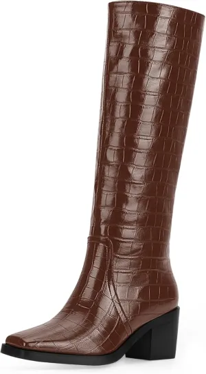 Women's Chunky Heel Square Toe Knee High Boots Slip On Patent Leather Crocodile Boots