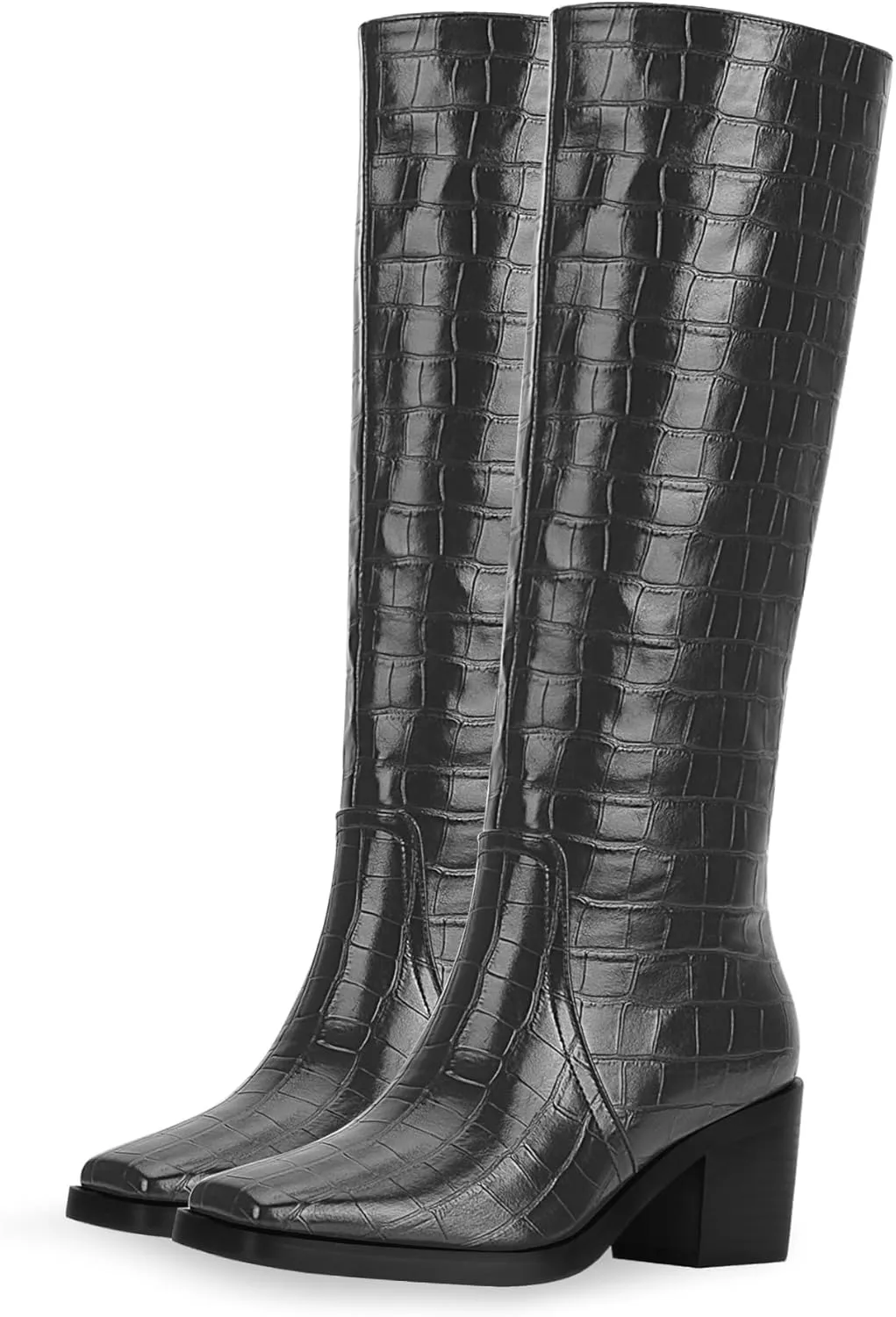 Women's Chunky Heel Square Toe Knee High Boots Slip On Patent Leather Crocodile Boots