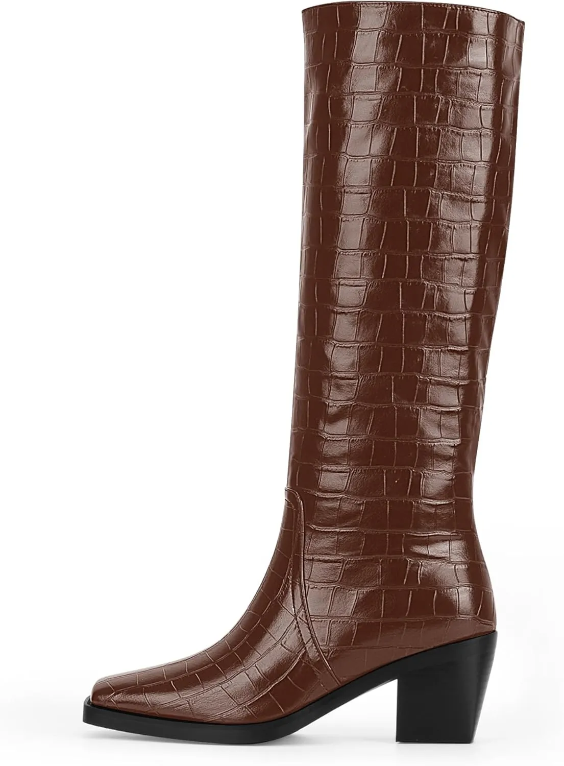 Women's Chunky Heel Square Toe Knee High Boots Slip On Patent Leather Crocodile Boots