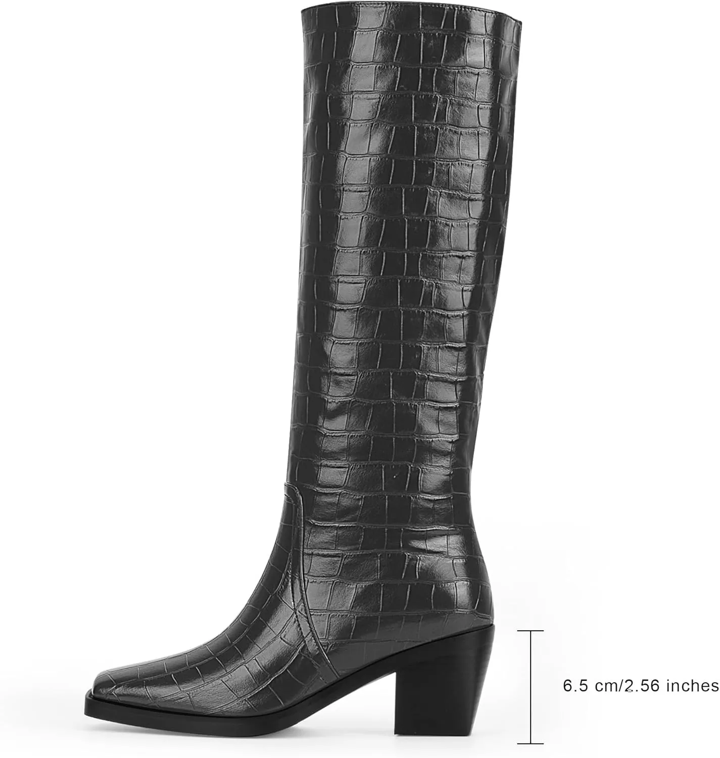 Women's Chunky Heel Square Toe Knee High Boots Slip On Patent Leather Crocodile Boots