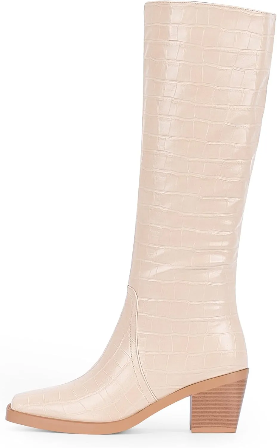 Women's Chunky Heel Square Toe Knee High Boots Slip On Patent Leather Crocodile Boots