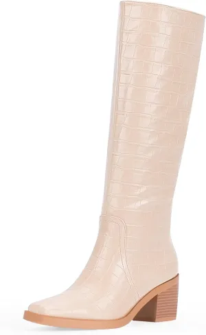 Women's Chunky Heel Square Toe Knee High Boots Slip On Patent Leather Crocodile Boots