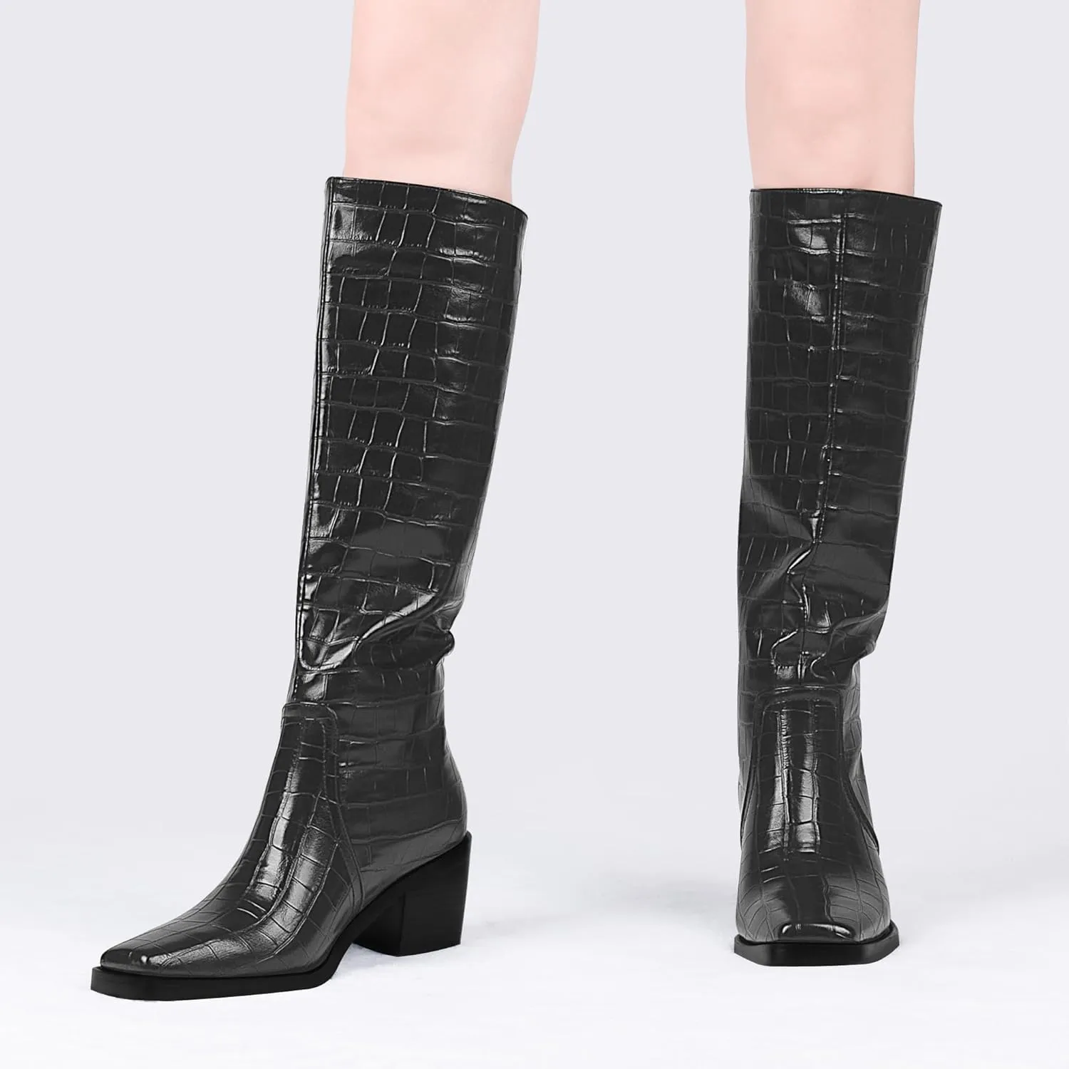 Women's Chunky Heel Square Toe Knee High Boots Slip On Patent Leather Crocodile Boots