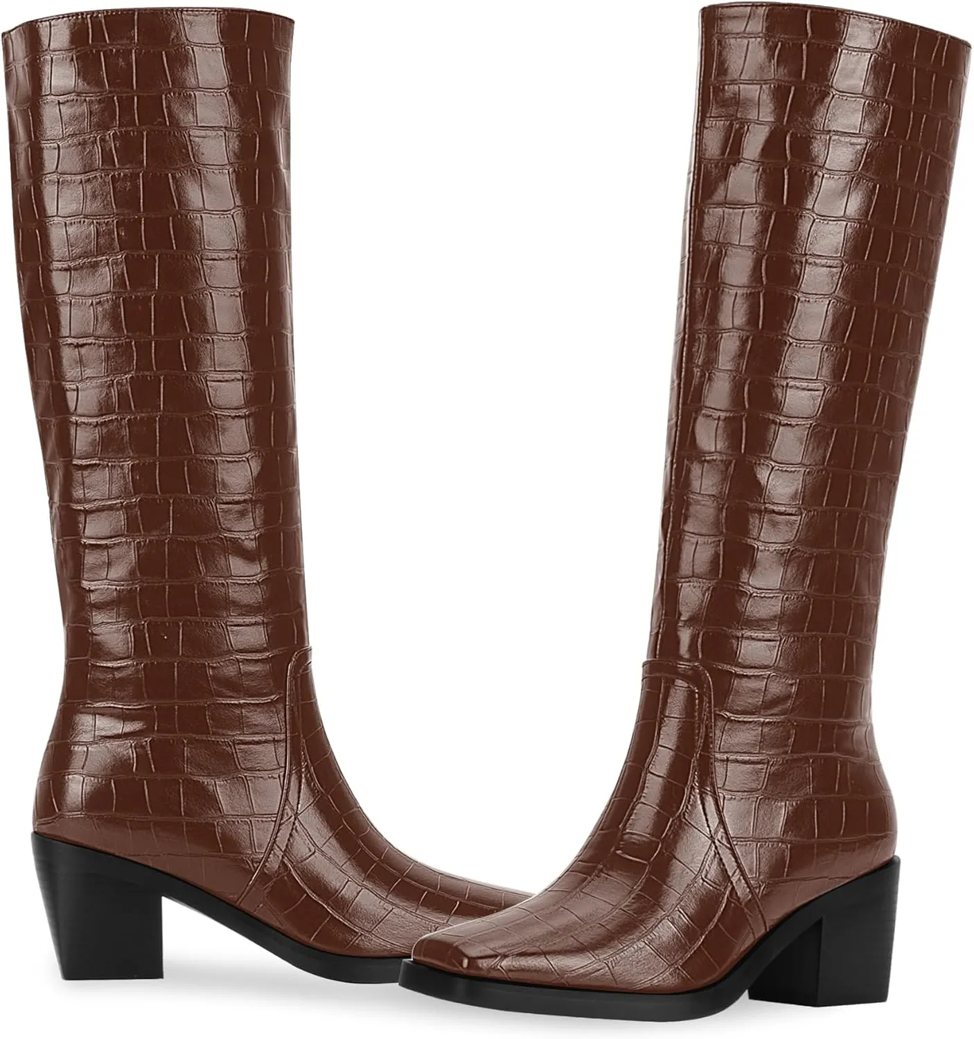 Women's Chunky Heel Square Toe Knee High Boots Slip On Patent Leather Crocodile Boots