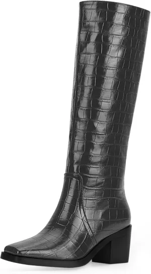 Women's Chunky Heel Square Toe Knee High Boots Slip On Patent Leather Crocodile Boots