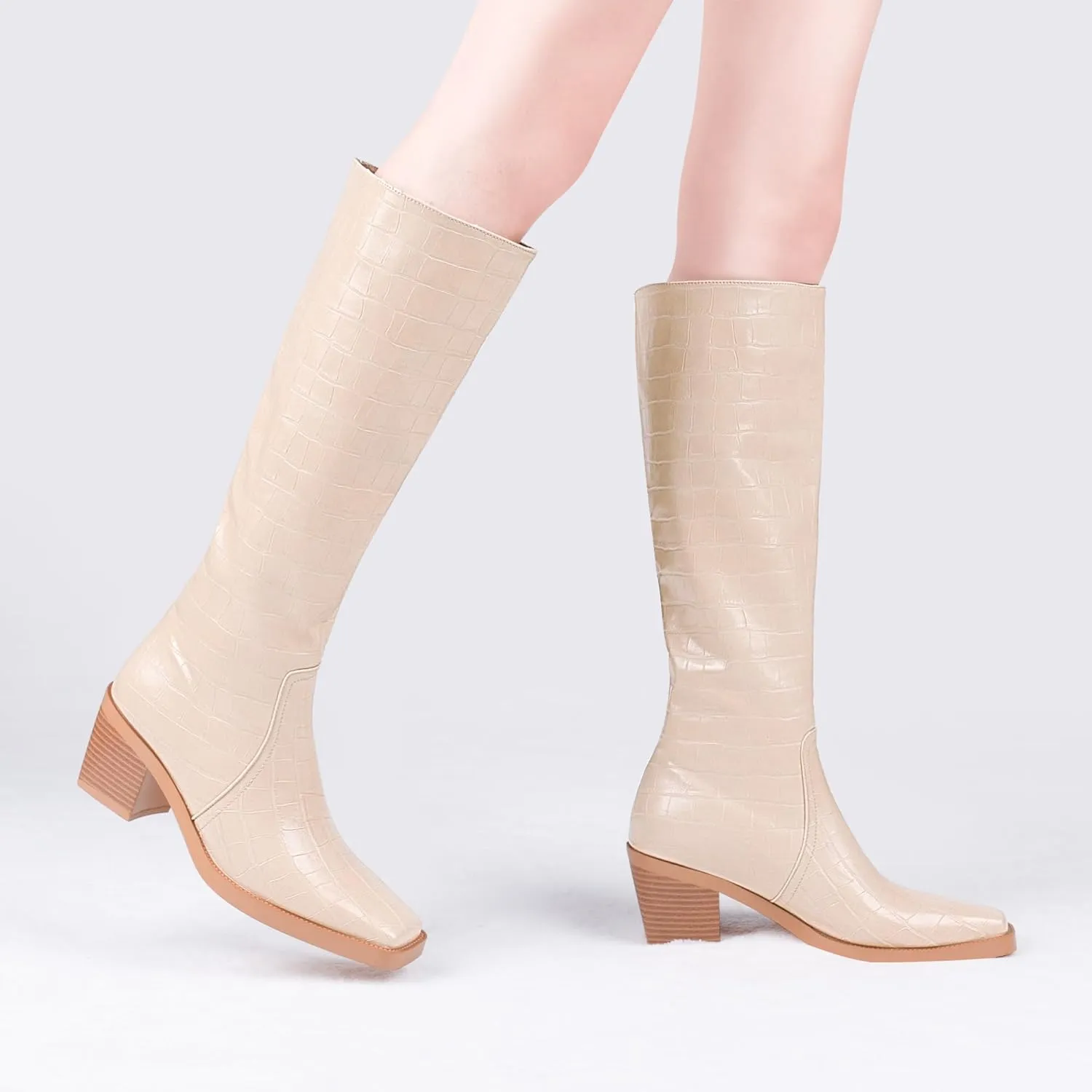 Women's Chunky Heel Square Toe Knee High Boots Slip On Patent Leather Crocodile Boots