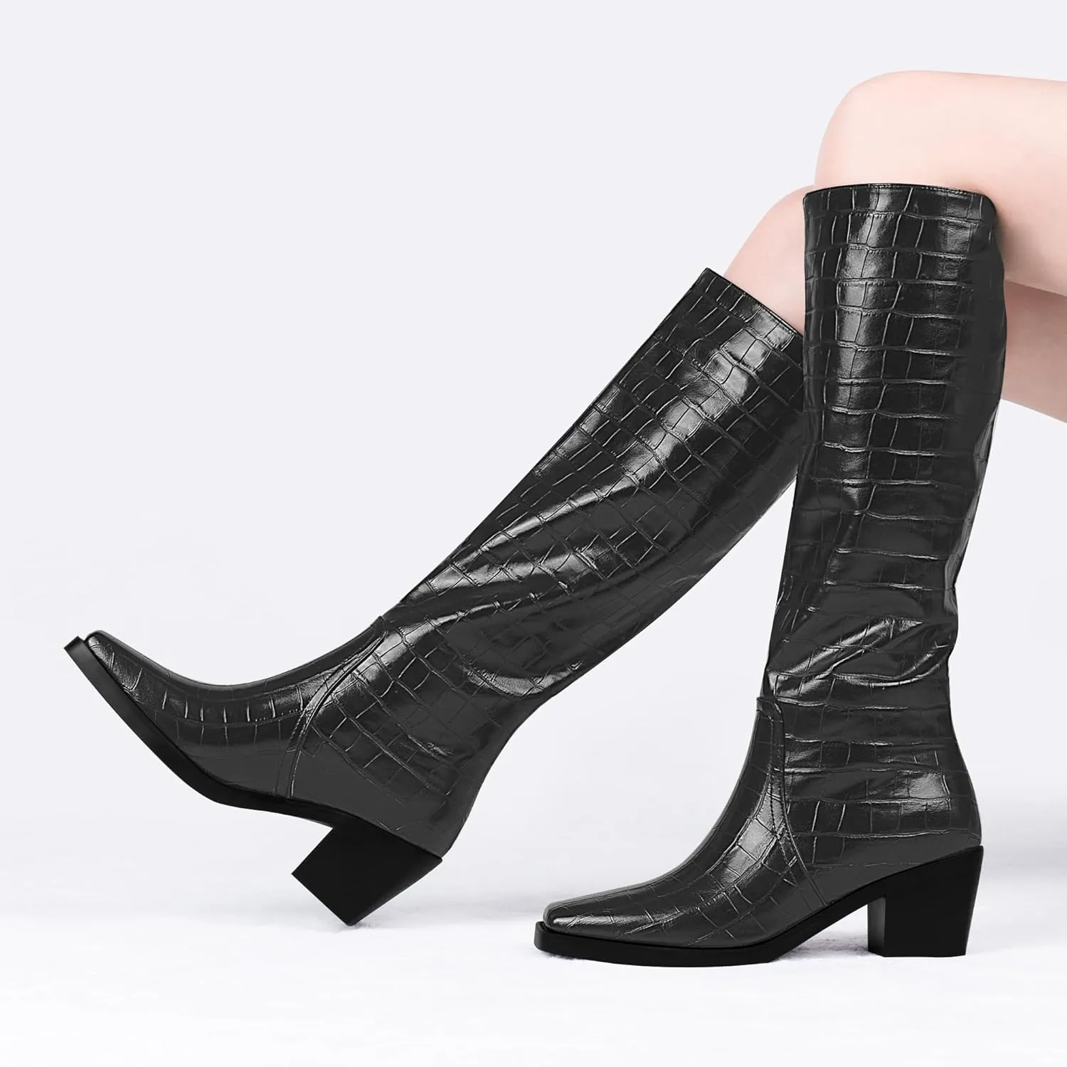 Women's Chunky Heel Square Toe Knee High Boots Slip On Patent Leather Crocodile Boots