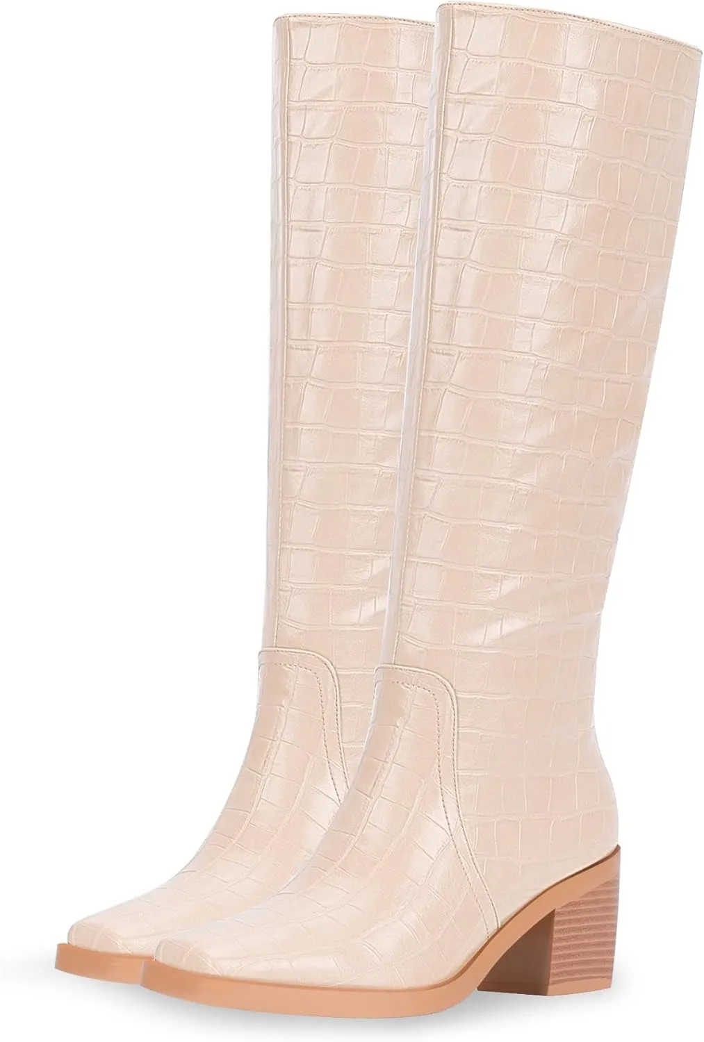 Women's Chunky Heel Square Toe Knee High Boots Slip On Patent Leather Crocodile Boots