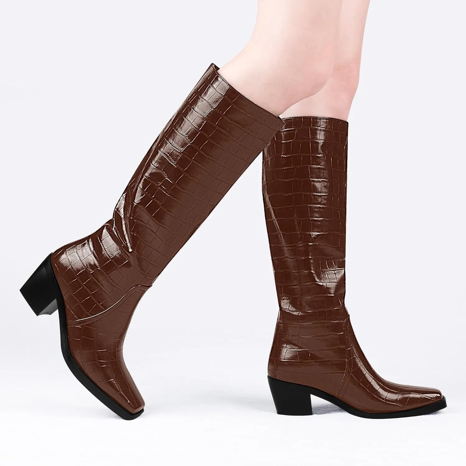 Women's Chunky Heel Square Toe Knee High Boots Slip On Patent Leather Crocodile Boots