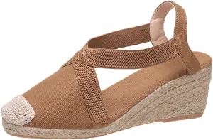Women's Closed Toe Platform Sandals Elastic Ankle Strap Espadrilles Wedge Shoes Criss Cross Platform Wedges Sandal Summer Dressy Shoe Straw Woven Shoes Business Casual Sandals