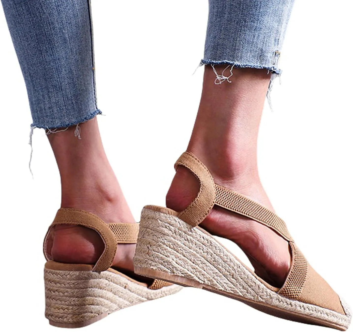 Women's Closed Toe Platform Sandals Elastic Ankle Strap Espadrilles Wedge Shoes Criss Cross Platform Wedges Sandal Summer Dressy Shoe Straw Woven Shoes Business Casual Sandals
