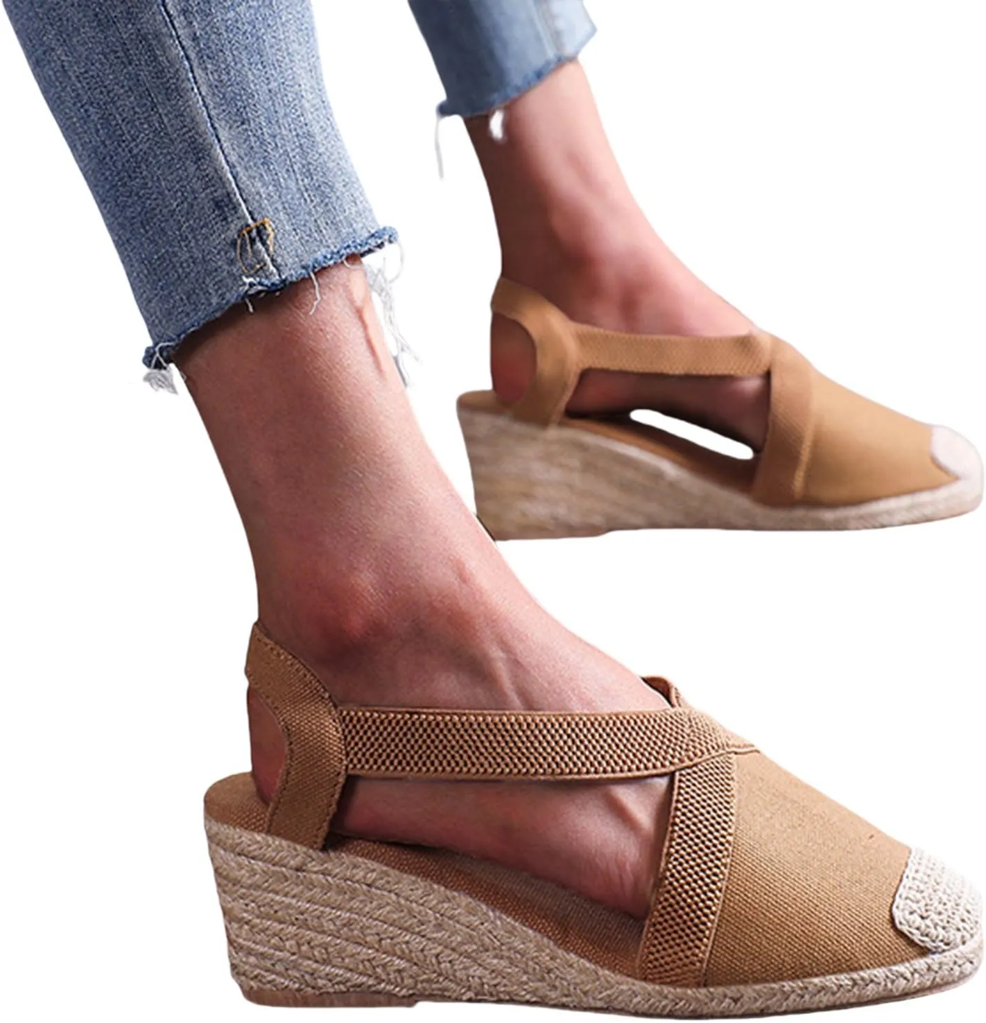 Women's Closed Toe Platform Sandals Elastic Ankle Strap Espadrilles Wedge Shoes Criss Cross Platform Wedges Sandal Summer Dressy Shoe Straw Woven Shoes Business Casual Sandals