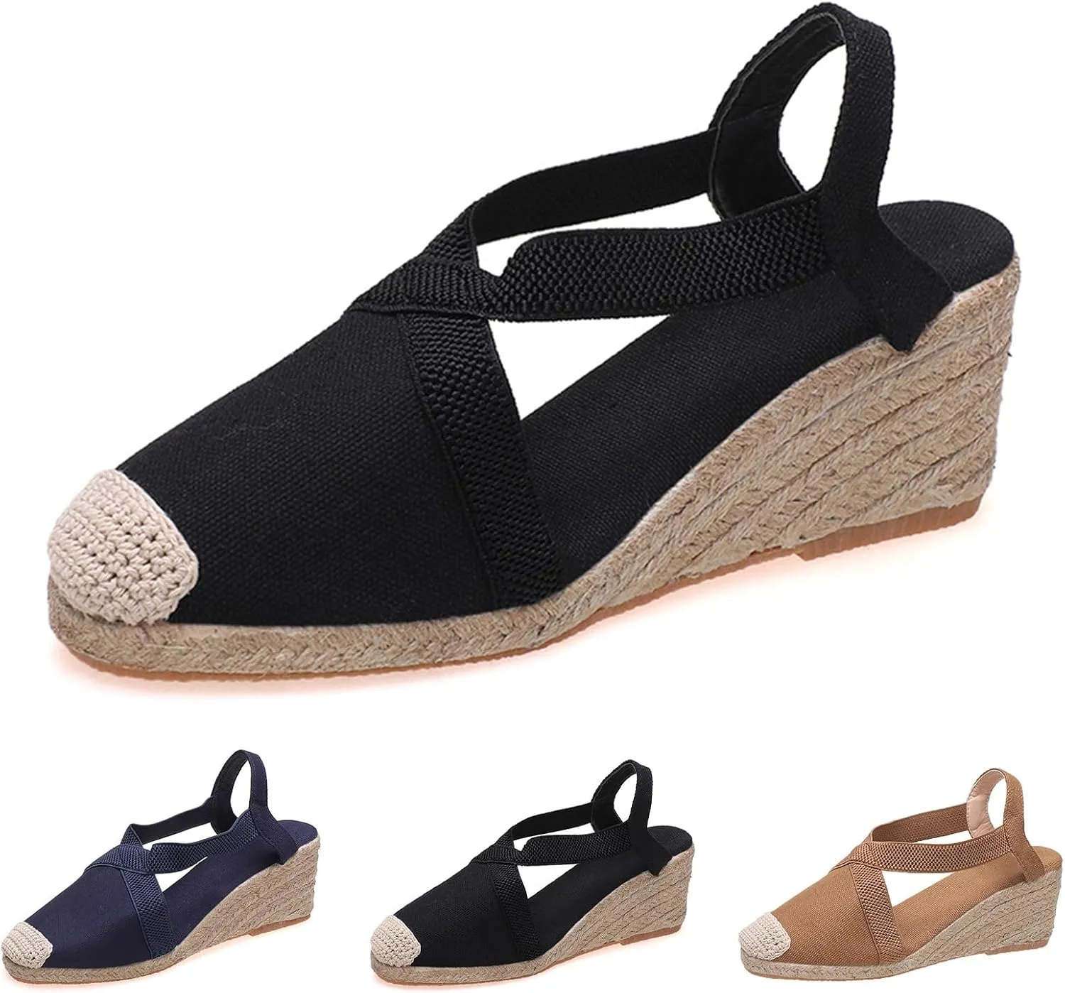 Women's Closed Toe Platform Sandals Elastic Ankle Strap Espadrilles Wedge Shoes Criss Cross Platform Wedges Sandal Summer Dressy Shoe Straw Woven Shoes Business Casual Sandals