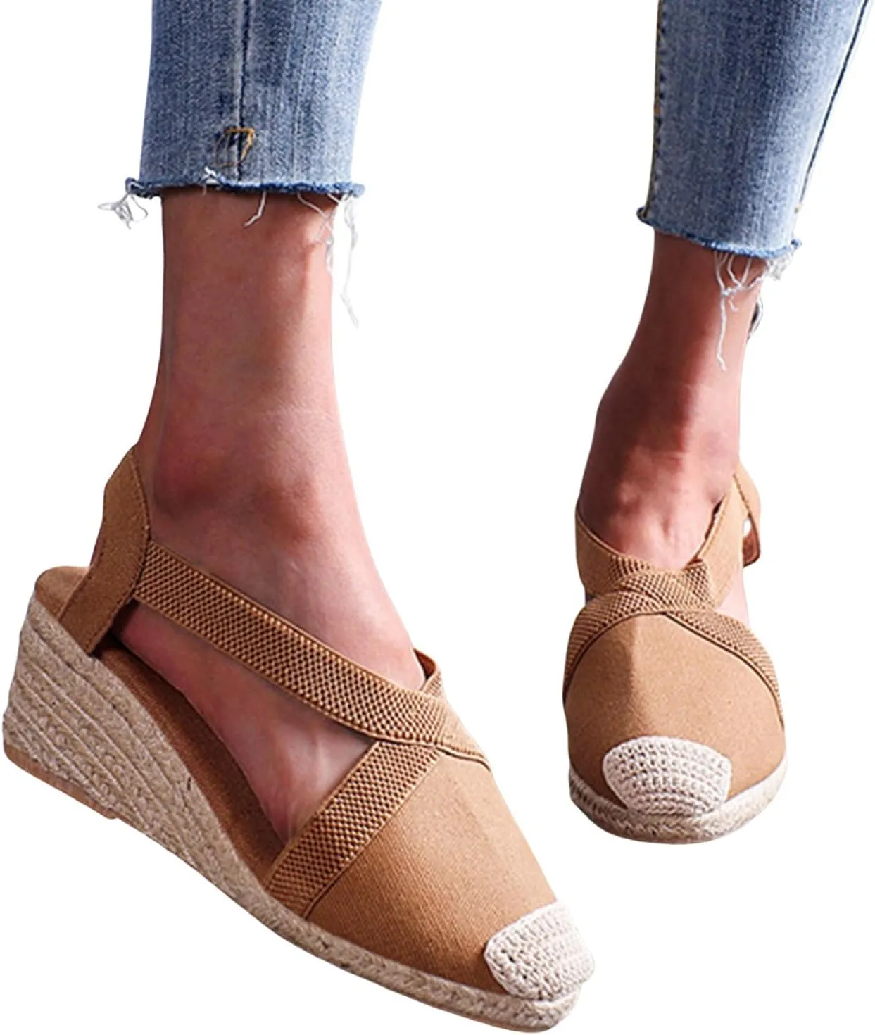 Women's Closed Toe Platform Sandals Elastic Ankle Strap Espadrilles Wedge Shoes Criss Cross Platform Wedges Sandal Summer Dressy Shoe Straw Woven Shoes Business Casual Sandals