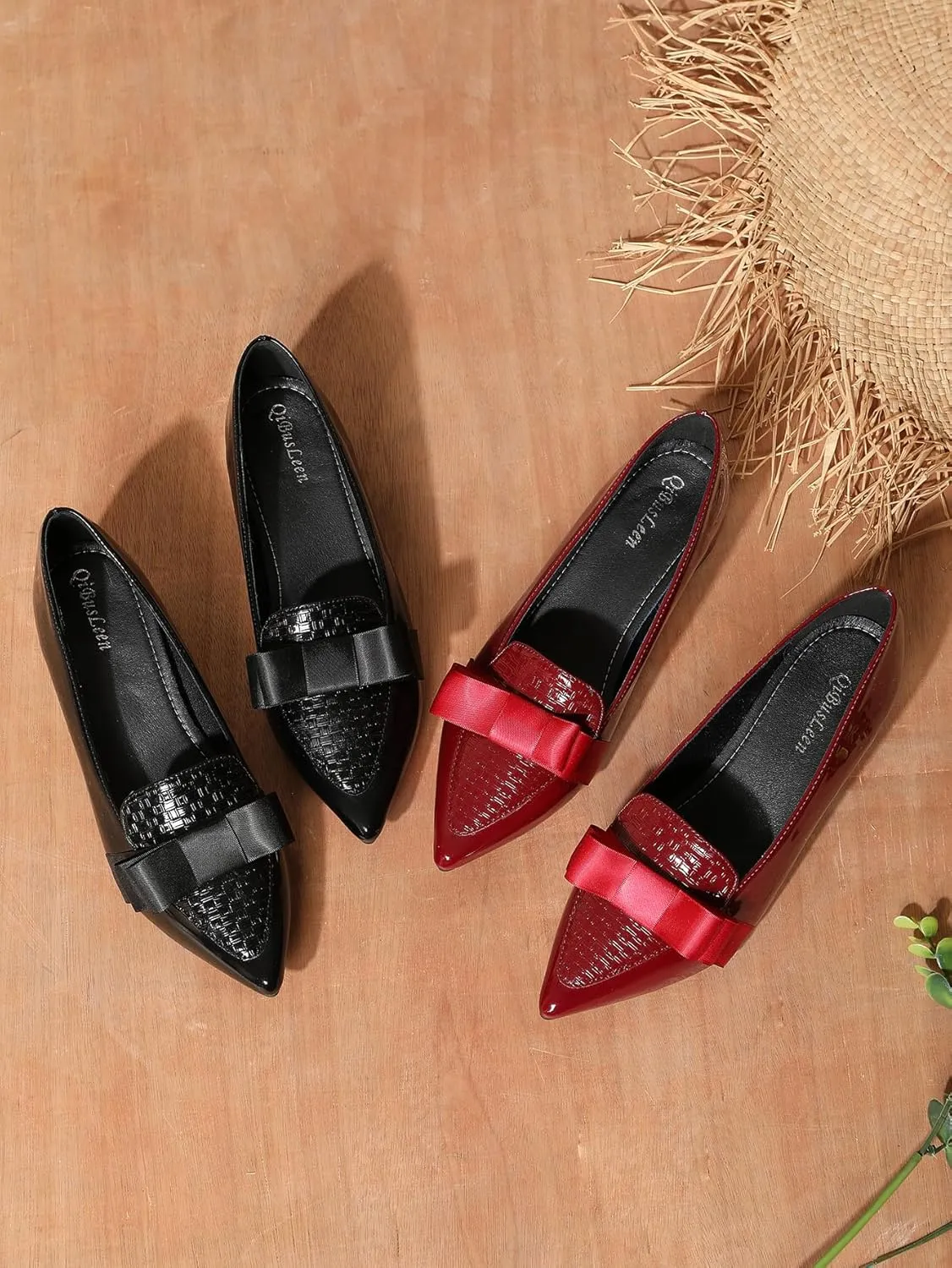 Womens Comfortable Patent Leather Chunky Loafer Pumps with Bow Pointed Closed Toe Penny Loafers 1 Inch Low Block Heeled Loafers Shoes for Women Party Business