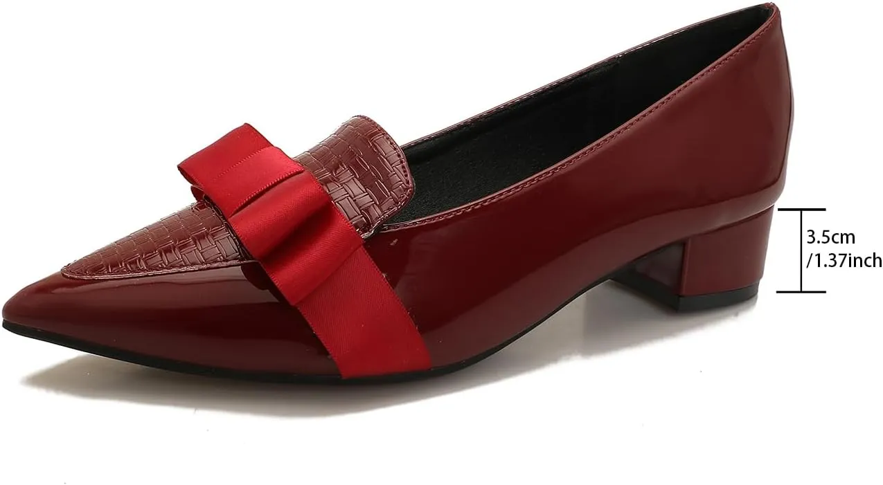 Womens Comfortable Patent Leather Chunky Loafer Pumps with Bow Pointed Closed Toe Penny Loafers 1 Inch Low Block Heeled Loafers Shoes for Women Party Business