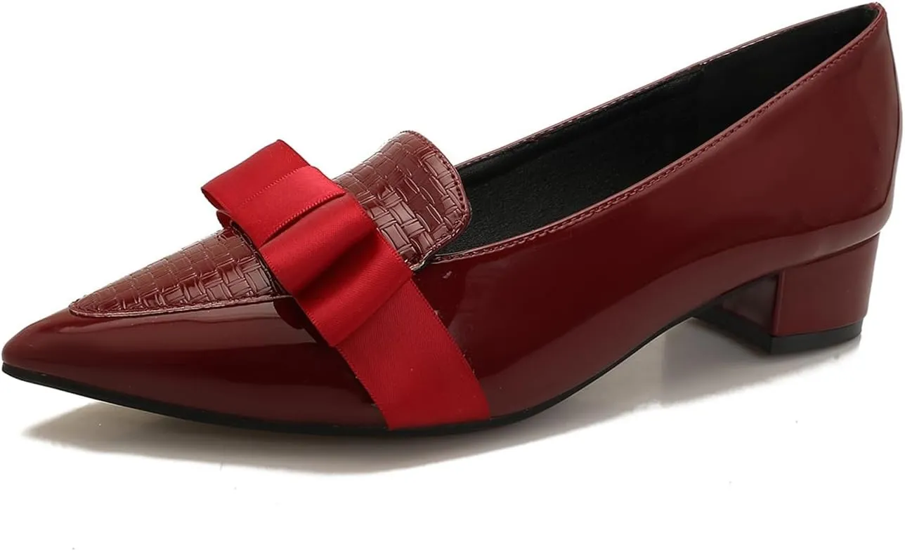 Womens Comfortable Patent Leather Chunky Loafer Pumps with Bow Pointed Closed Toe Penny Loafers 1 Inch Low Block Heeled Loafers Shoes for Women Party Business