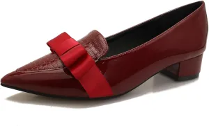 Womens Comfortable Patent Leather Chunky Loafer Pumps with Bow Pointed Closed Toe Penny Loafers 1 Inch Low Block Heeled Loafers Shoes for Women Party Business