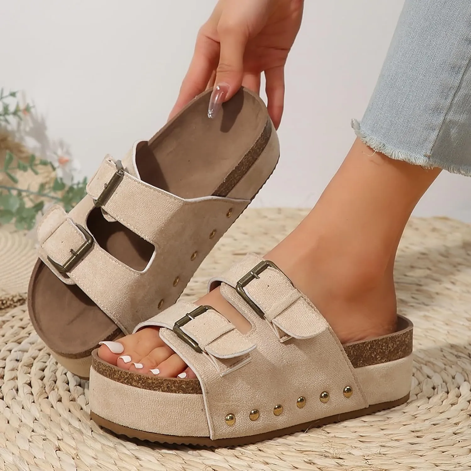 Women's Cork Platform Sandals Comfortable Cork Footbed Studded Flatform Sandals Adjustable Buckle Straps Flat Clogs Slide Sandals