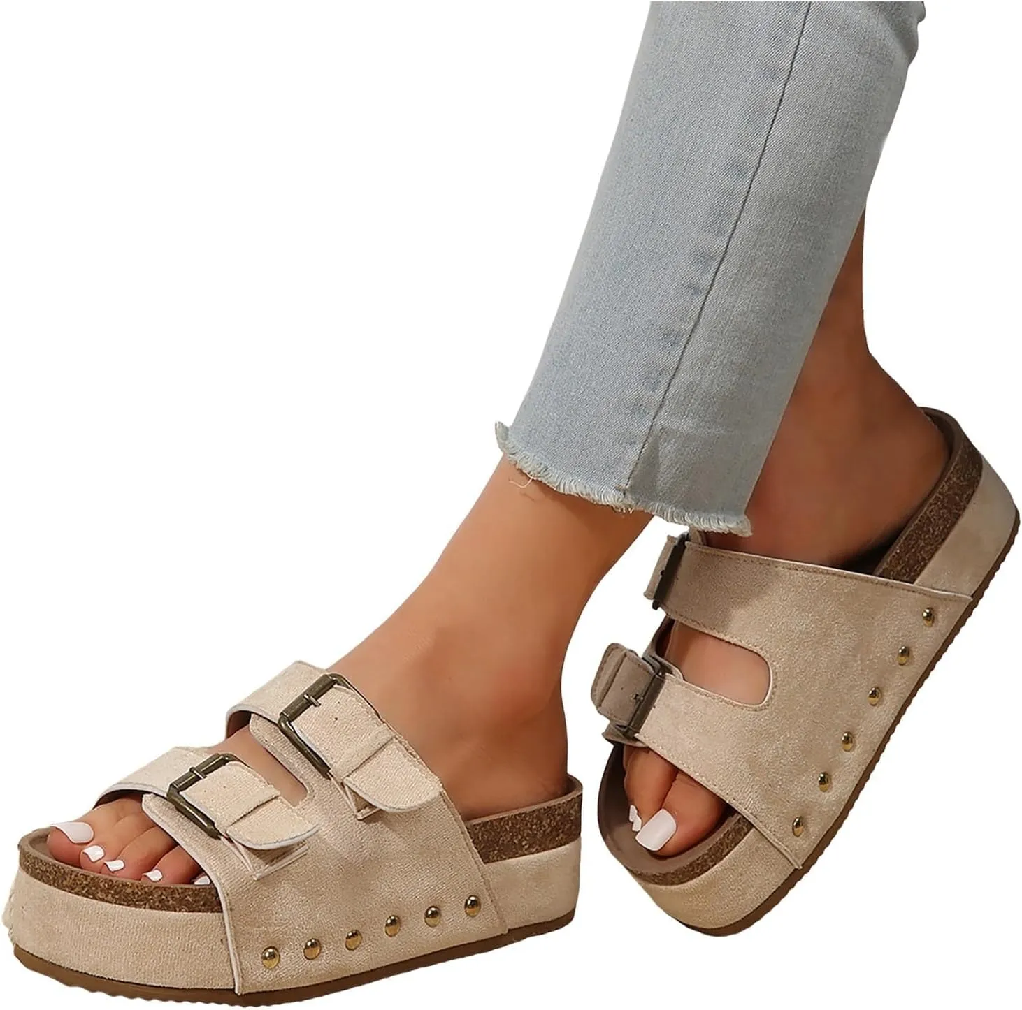 Women's Cork Platform Sandals Comfortable Cork Footbed Studded Flatform Sandals Adjustable Buckle Straps Flat Clogs Slide Sandals
