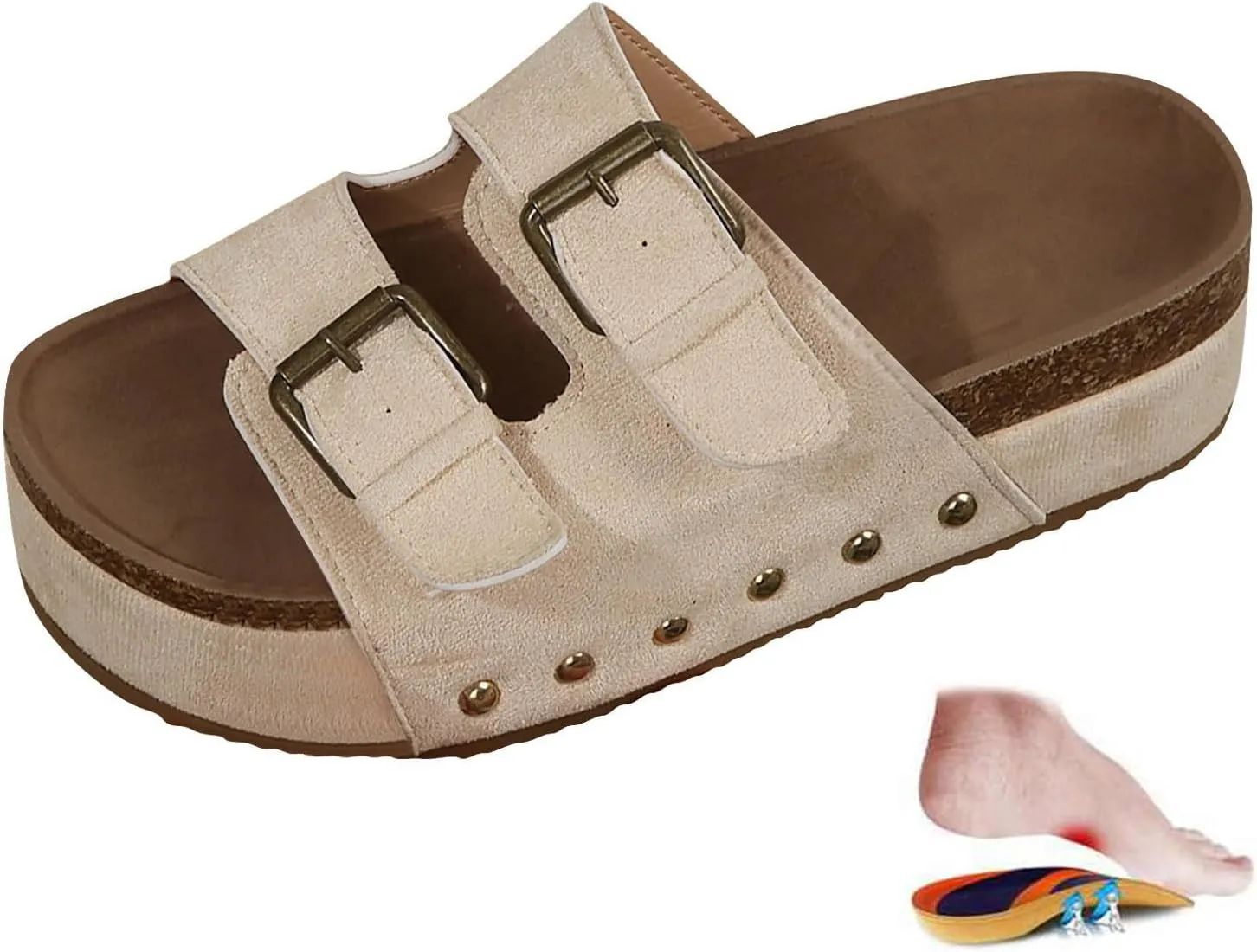 Women's Cork Platform Sandals Comfortable Cork Footbed Studded Flatform Sandals Adjustable Buckle Straps Flat Clogs Slide Sandals