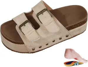Women's Cork Platform Sandals Comfortable Cork Footbed Studded Flatform Sandals Adjustable Buckle Straps Flat Clogs Slide Sandals