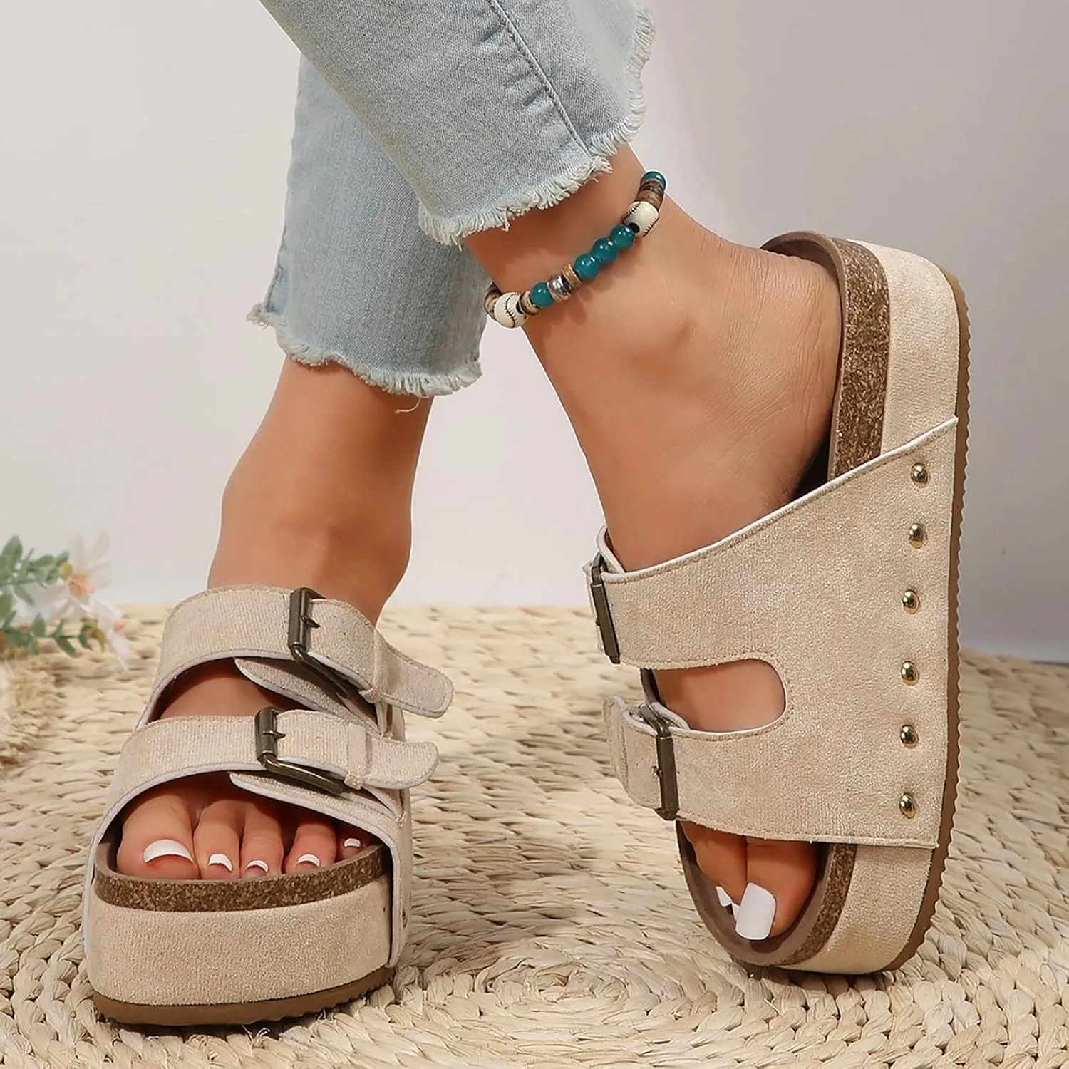 Women's Cork Platform Sandals Comfortable Cork Footbed Studded Flatform Sandals Adjustable Buckle Straps Flat Clogs Slide Sandals