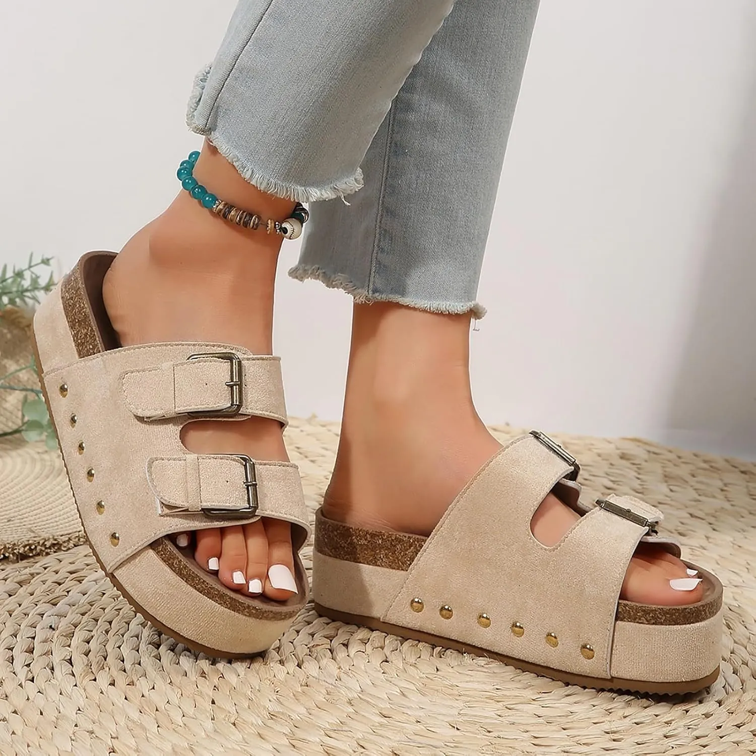 Women's Cork Platform Sandals Comfortable Cork Footbed Studded Flatform Sandals Adjustable Buckle Straps Flat Clogs Slide Sandals