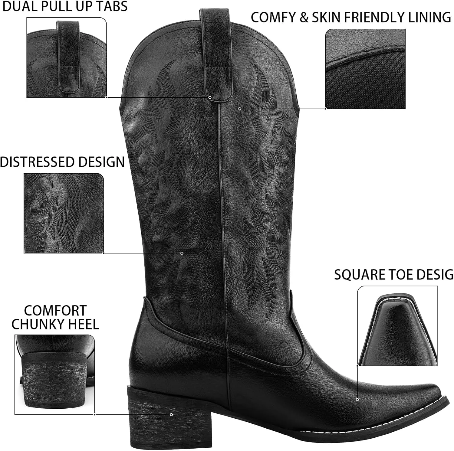 Women's Cowboy Boots Mid Calf Cowgirl Embroidered Western Pointed Toe Chunky Heel Pull On Mid Calf Boots