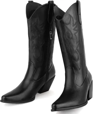 Women's Cowboy Boots Mid Calf Cowgirl Embroidered Western Pointed Toe Chunky Heel Pull On Mid Calf Boots